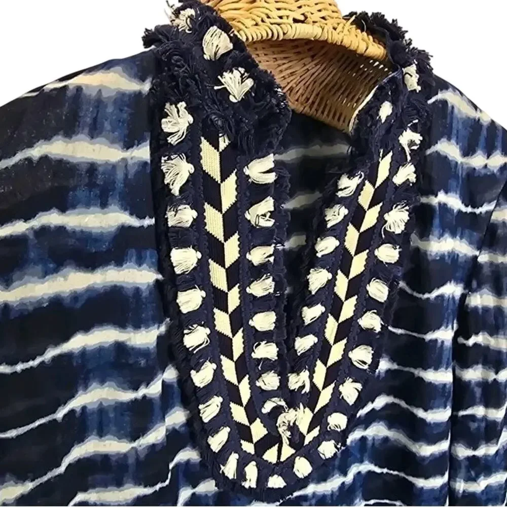 Tory Burch Blue Tie Dye Embellished Cotton Voile Tunic Shirt Size 4 Fringe Boho